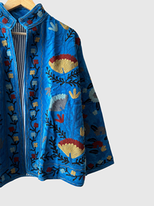 Blue Full Sleeve Plus Size Floral Embroidered <b>Velvet</b> Jacket Mandarin Collar Women's Autumn Wear - Product Image 3