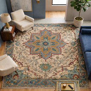 Alfombra de Lana Tejida a Mano Oushak, Diseño de Medallón Turco Vintage, Ecológica, para el Hogar y la Sala de Estar - Product Image 1