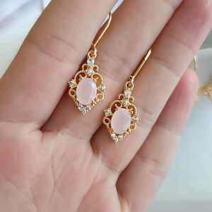 Rose Quartz Oval Charm Huggie Hoop 925 Silver Gold Plated Earrings Vintage Style Earrings Gift for Her Quartz Earrings - Product Image 4