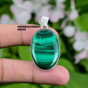 Colgante de Plata de Ley 925 hecho a mano, collar de piedras preciosas de malaquita en forma ovalada con sello 925, joyería encantadora - Product Image 2