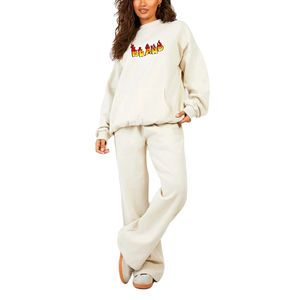 Nouveauté 2025 100% Polyester Femme 2 pièces Sweat-shirt en molleton surdimensionné à épaules tombantes Pantalon de survêtement ample et évasé Confortable - Product Image 1