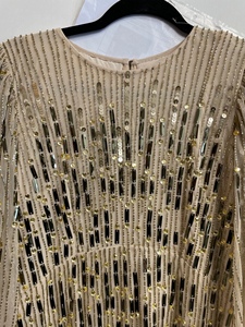 Col en V demi manches droite décontracté Vintage Cocktail robe cristal motif gaine Style paillettes perlées détail Poly maille - Product Image 2
