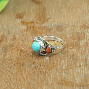 Anillo de Turquesa de Arizona, Anillo de Coral Rojo, Plata de Ley 925, Diseño Hecho a Mano, Anillo de Diseño, Joyería de Turquesa, Joyería de Coral Rojo - Product Image 5