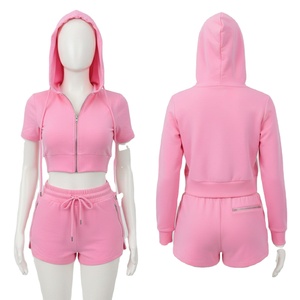 ชุดเซ็ตเสื้อครอปฮู้ดดี้และกางเกงขาสั้นสำหรับผู้หญิง ผ้าฝ้ายระบายอากาศ ชุดลำลองสองชิ้นเข้าชุดกัน แฟชั่นชุดคู่ - Product Image 1