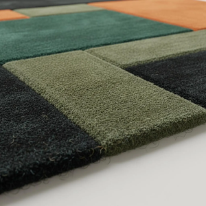 Tapis géométrique rétro moderne en laine fait main |   Tapis d'intérieur orange, vert et noir |   Tapis de décoration vintage du milieu du siècle pour salon - Product Image 2