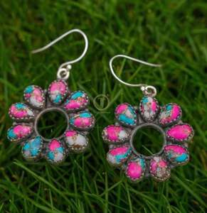 Boucles d'oreilles en coton turc turquoise, boucles d'oreilles en pierre rose et bleue, boucles d'oreilles en argent sterling 925, jaune et rose - Product Image 2