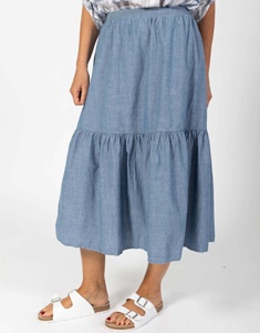 New Custom High Waist Blue Women's Long <b>Skirt</b> with Tiered Silhouette <b>Elastic</b> Waist Ruffles 100% Cotton Casual <b>Skirt</b> - Product Image 1