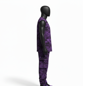 Conjunto de 2 piezas para hombre: Top sin mangas con logotipo gráfico sublimado en poliéster spandex morado de 220 GSM premium y pantalones cargo. - Product Image 3