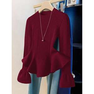 เสื้อสเวตเตอร์ผู้หญิงแขนยาวคอสูงสีน้ำตาลถักไหมพรมไซส์ใหญ่ - Product Image 6
