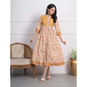 Vestido largo de algodón amarillo con estampado de bloques, estilo hippie elegante e informal para mujer, cintura imperio, transpirable, hasta el suelo. - Product Image 1