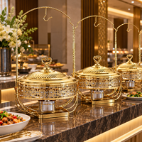 Plat de service professionnel en acier inoxydable doré de 8 L avec couvercle en dentelle orné de strass pour buffets, hôtels, mariages et traiteurs