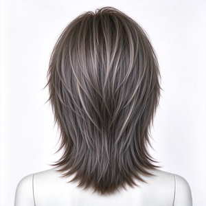 Cool Ash Brown Highlighted Shaggy Wolf Cut <b>Synthetic</b> <b>Wig</b> With Thin Bangs - Product Image 4