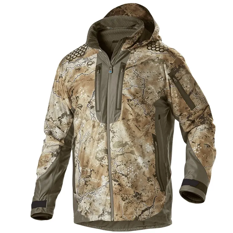 New custom hunting jacket made with softshell silent fabric breathable durable fully waterproof add your custom camo and logo