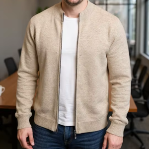 Cárdigan de lana pura 100% para hombre, suéter de punto con cremallera y cuello alto grueso, chaqueta cálida informal de Color sólido para Otoño e Invierno - Product Image 1