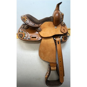 Selle occidentale pour enfants en cuir véritable de haute qualité avec ensemble de clous Conception florale de tournesol usinée et incurvée Meilleur prix - Product Image 5