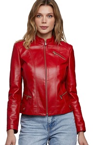 Vestes en cuir PU rouge de qualité supérieure pour femmes vêtements d'extérieur d'hiver imprimés avec décoration de broderie taille XL fermeture à glissière à col montant - Product Image 5