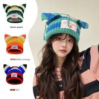 Nouveau Chapeau Unisexe en Coton Épais Tricoté à la Main, Style Coréen, Automne Hiver, Tendance, Color-Block, Motif Tissu Commun