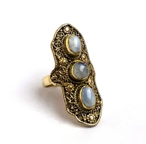 Ottone Color oro naturale Vintage gioiello con pietra di luna speciale anello ovale