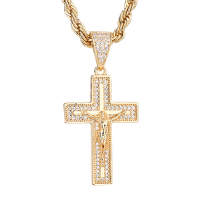 Pendentif Croix Crucifix en Laiton Plaqué Or 14K avec Zircon Cubique, Breloques Religieuses Catholiques pour <span class=keywords><strong>la</strong></span> Fabrication de Bijoux - Product Image 1