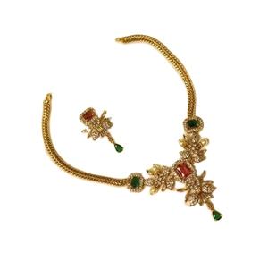 Complete Afghan Bridal Jewelry Set Featuring <b>Ruby</b> And Emerald Rectangular Stone Floral Motif <b>Necklace</b> - Product Image 1