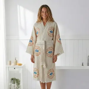 Bata de Baño Unisex de Algodón Ligero, Tejido de Lino, Secado Rápido, Transpirable, Primavera Verano, Color Liso, Talla XL, Hecho en Turquía, Ropa de Dormir y Descanso - Product Image 6