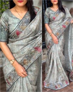 Nouveau 2024 dernière tenue à feuilles persistantes mousseline soie Saree Blouse avec impression numérique et point de croix Multi fil travail femme mode - Product Image 4