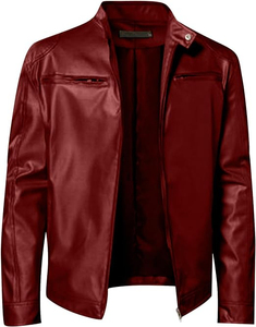 Men's <b>Slim</b> <b>Fit</b> PU Leather <b>Jacket</b> Solid Color Turn-down Collar Zipper Closure Casual Autumn Wear - Product Image 6