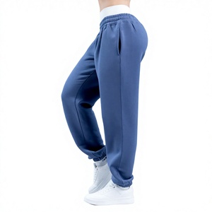 Women's Blue Fleece <b>Harem</b> Pants Mid Waist Elastic Drawstring Loose Fit Full Length Solid Color Casual 320g Pockets Winter - Product Image 2
