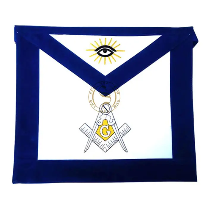 Massoneria Master Mason grembiule con lingotti dorati intorno agli occhi bordi in velluto blu |