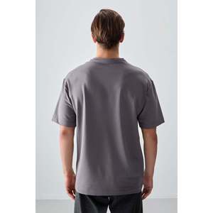 T-shirt basique pour homme en coton gris foncé, épais, doux, texturé, coupe ample - 88377 - Gris foncé - Product Image 5