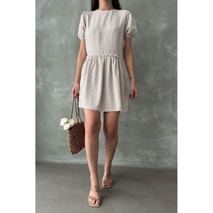 Vestido Elegante TOPSHOW en Gris Piedra, Tejido a Cuadros, de Algodón y Poliéster, Cuello Redondo, Venta al Por Mayor, para Uso Diario Informal y de Oficina, Tallas S-L - Product Image 1