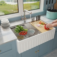Évier de cuisine moderne en porcelaine blanche de 33 pouces, fait main, à cuve unique, cannelé, en argile réfractaire, avec façade d'appoint