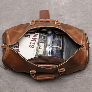 Genuine Leather Foldable <b>Duffel</b> <b>Bag</b> Weekender Travel Zipper Closure Durable Large Capacity Portable Brown - Product Image 4