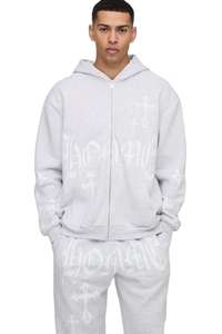 Survêtement à capuche unisexe épais avec logo personnalisé imprimé, gris chiné, surdimensionné, fermeture éclair croisée sur toute la surface, taille plus, vêtements chauds d'hiver - Product Image 2