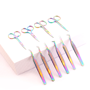 Pince d'extension de cils à poignée en diamant de couleur violette en acier inoxydable de haute qualité avec miroir et ciseaux - Product Image 4