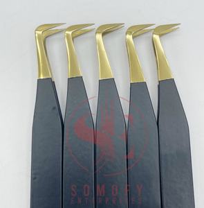 Pinces à cils professionnelles de haute qualité en fibre dorée, logo personnalisé, noir mat, volume pointu, acier inoxydable solide, Somofy - Product Image 4