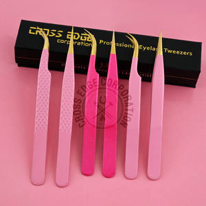 Pinzas para extensión de pestañas con punta de fibra, color rosa, acero inoxidable, punta puntiaguda, herramienta para pestañas con ángulo de 90 grados. - Product Image 1