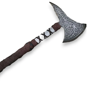 Hache viking artisanale avec manche en bois de frêne gravé et fourreau en cuir avec gravure sur la tête - Product Image 1