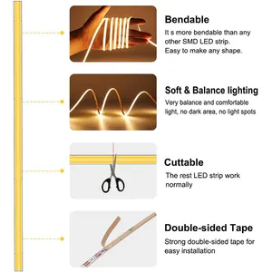 แถบไฟ Led Cob 5มม. แบบบาง384Leds/M แถบไฟอ่อนยืดหยุ่น Dc12v/24V แถบแสงสีขาวอบอุ่น