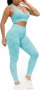 Ensemble de sport 2 pièces pour femmes, respirant, pour l'été, yoga, fitness, avec soutien-gorge de sport sans dos et short côtelé contrasté, vêtements de sport actifs pour la salle de sport - Product Image 4