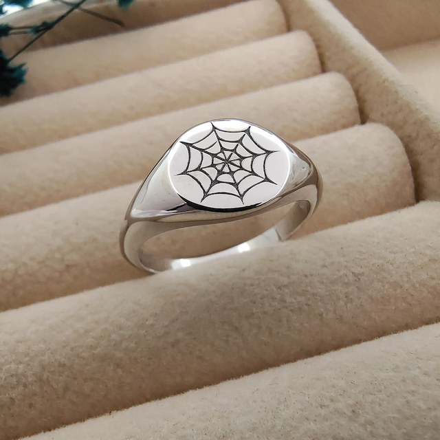 925 Silver Signet Ring Halloween Spider Web Engraved Band Women's High Quality Nickel-Free Bezel Set Promise Ring Jewelry