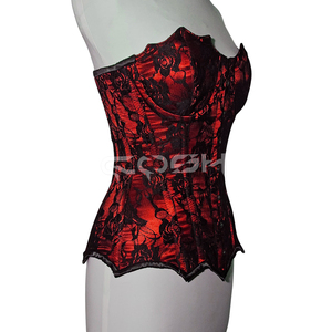 Corsé gótico de satén rojo con encaje negro, escote corazón, estilo burlesco, moldeador de cuerpo con copas y adornos elegantes - Product Image 5