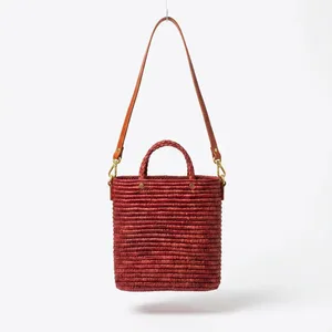 Sac cabas en paille tressée pour femme avec anse en cuir, style bohème, ouverture supérieure, deux poignées, portable pour usage quotidien toutes saisons - Product Image 3