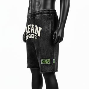 Premium 340 GSM Cotton Fleece Acid Wash <b>Shorts</b> Black Vintage Chenille Embroidery <b>Patch</b> Logo <b>men's</b> <b>shorts</b> - Product Image 3