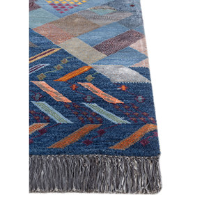Tapis Manchaha bleu noué à la main en laine et soie de bambou, épaisseur 10 mm, motif géométrique abstrait pour la maison, couloir, modèle rectangulaire - Les-2657 - Product Image 4