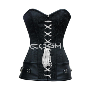 Plus Size <b>Black</b> Brocade Steel Boned Front White <b>Ribbon</b> Overbust Corset - Product Image 1