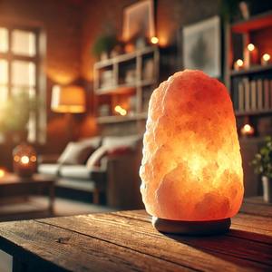 โคมไฟเกลือหิมาลายันสีชมพูทำด้วยมือสวิตช์หรี่ไฟดอกไม้แกะสลักรายละเอียดฐานไม้แสงธรรมชาติสำหรับตกแต่งบ้าน - Product Image 1