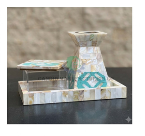 Ensemble Mubkhar en Nacre avec Incrustation d'Os, Fait Main, Forme Géométrique, Plateau, Boîte, Brûleur d'Encens Bakhoor, Thème Arabe, Décoration d'Intérieur, Cadeau - Product Image 1