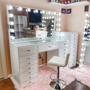 Tocador de estilo de salón <span class=keywords><strong>profesional</strong></span> con espejo de bombilla LED grande, cajones espaciosos y bisagras de cierre suave, tocador de <span class=keywords><strong>maquillaje</strong></span> - Product Image 3