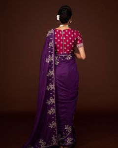 Sari indien de haute qualité en tissu chinon lourd, couleur violette, avec un élégant chemisier fantaisie, pour les fêtes, les mariages, les festivals, pour femmes et filles - Product Image 6